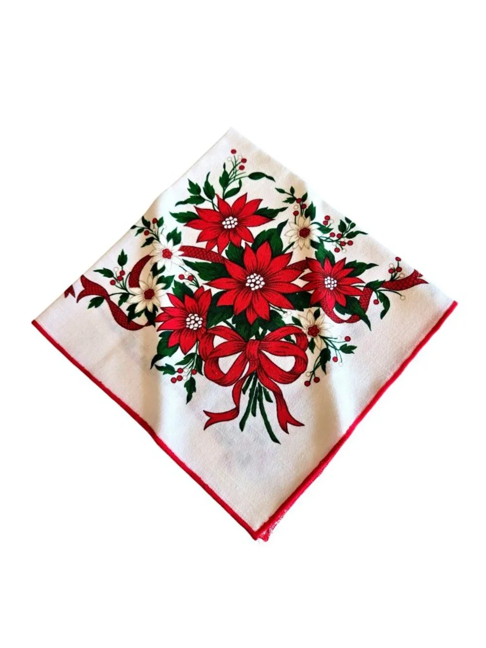Set Of 4 Vintage Christmas Poinsettia Red White Square Dining Napkins